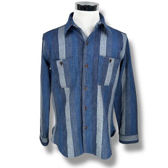 Studio D’artisan Noragi Kasuri Sashiko Work Shirt Men’s 42 Blue Jacquard Button - Picture 1 of 11